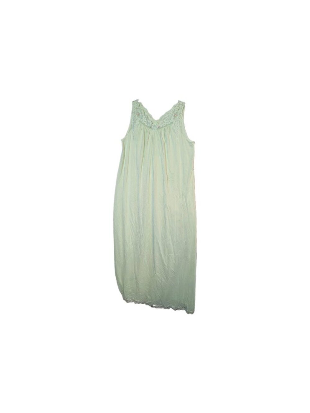 VTG~Shadowline M GREEN/PINK ROSES~Lace Trim~Sleeveless Nightgown